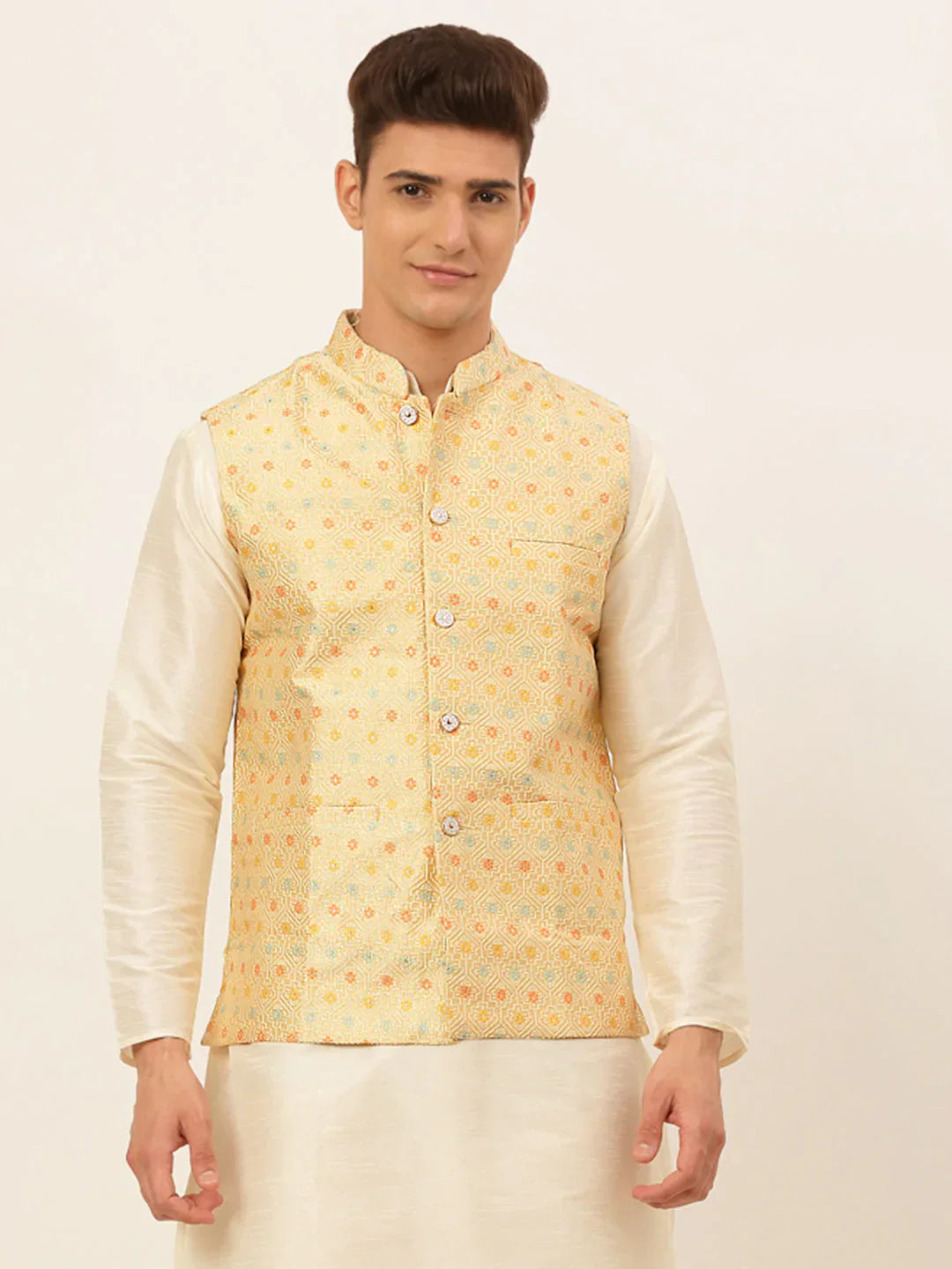 Jompers Men's Yellow Embroidered Nehru Jacket