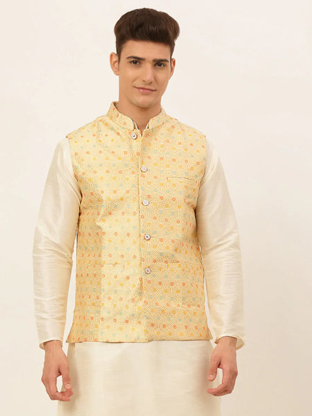Jompers Men's Yellow Embroidered Nehru Jacket