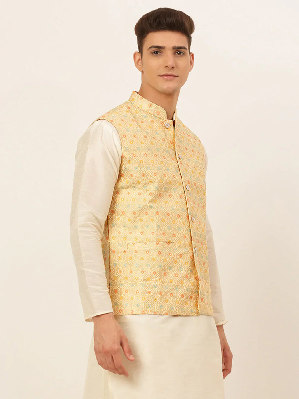 Jompers Men's Yellow Embroidered Nehru Jacket