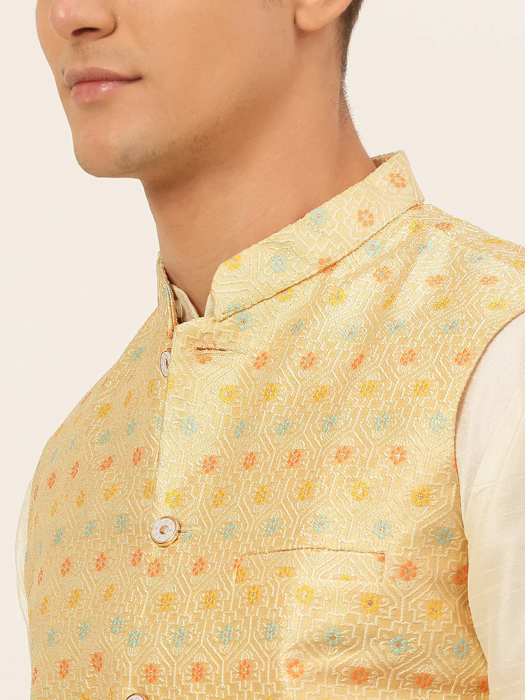 Jompers Men's Yellow Embroidered Nehru Jacket