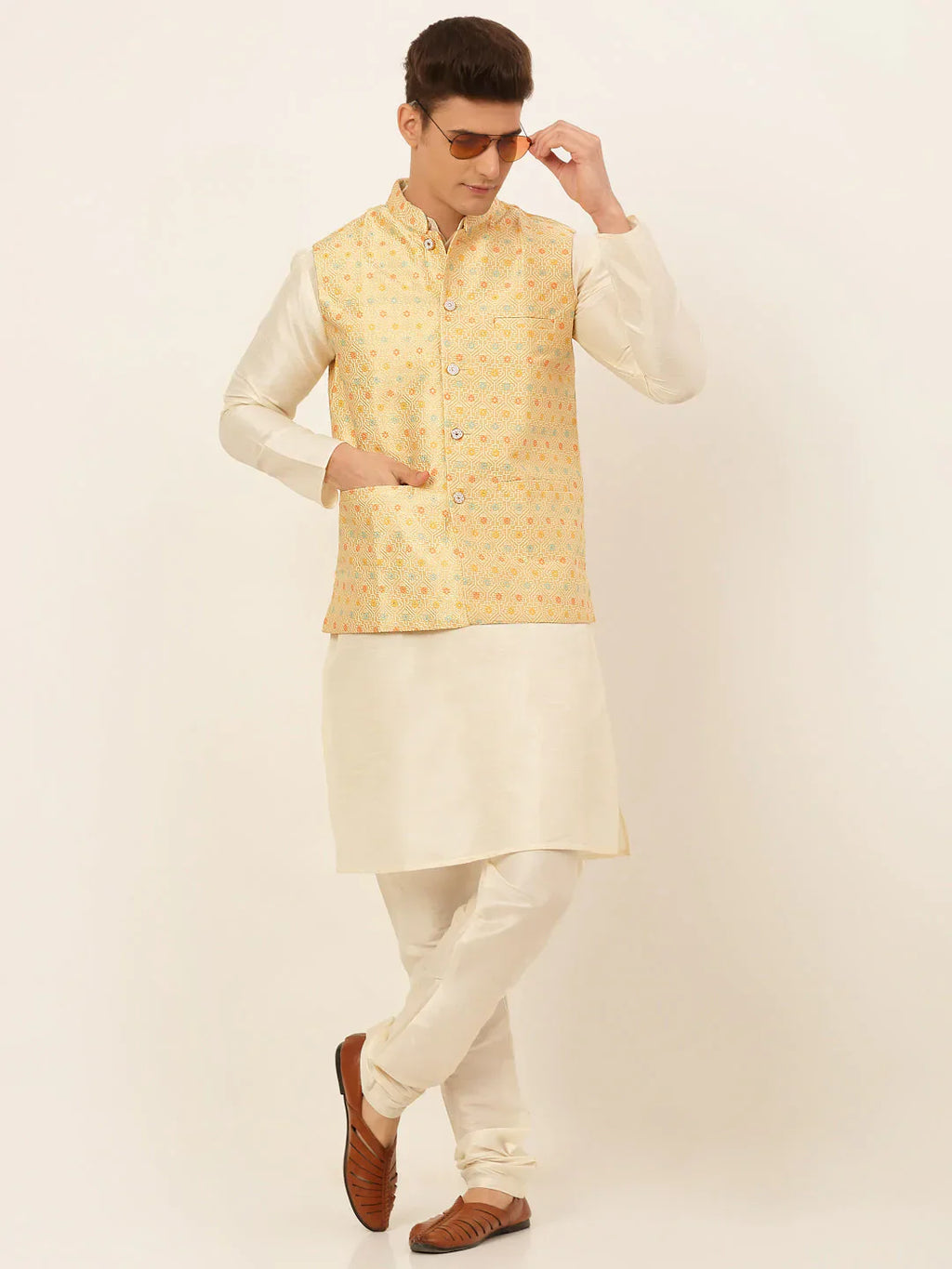 Jompers Men's Yellow Embroidered Nehru Jacket