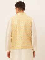 Jompers Men's Yellow Embroidered Nehru Jacket