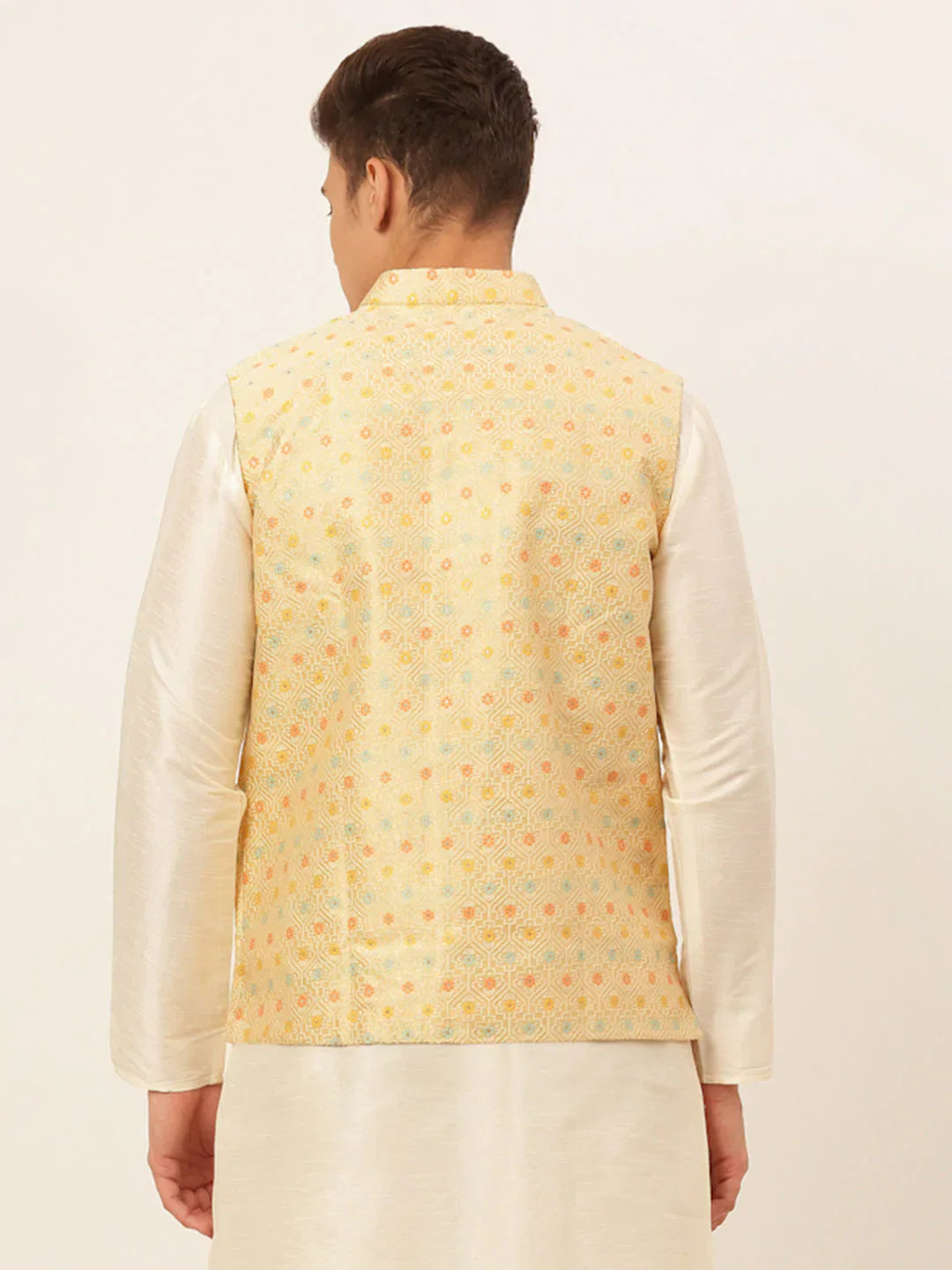 Jompers Men's Yellow Embroidered Nehru Jacket