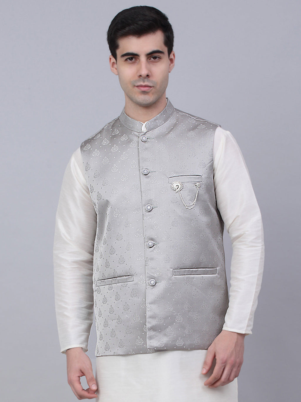 Jompers Men's Grey Woven Design Waistcoats