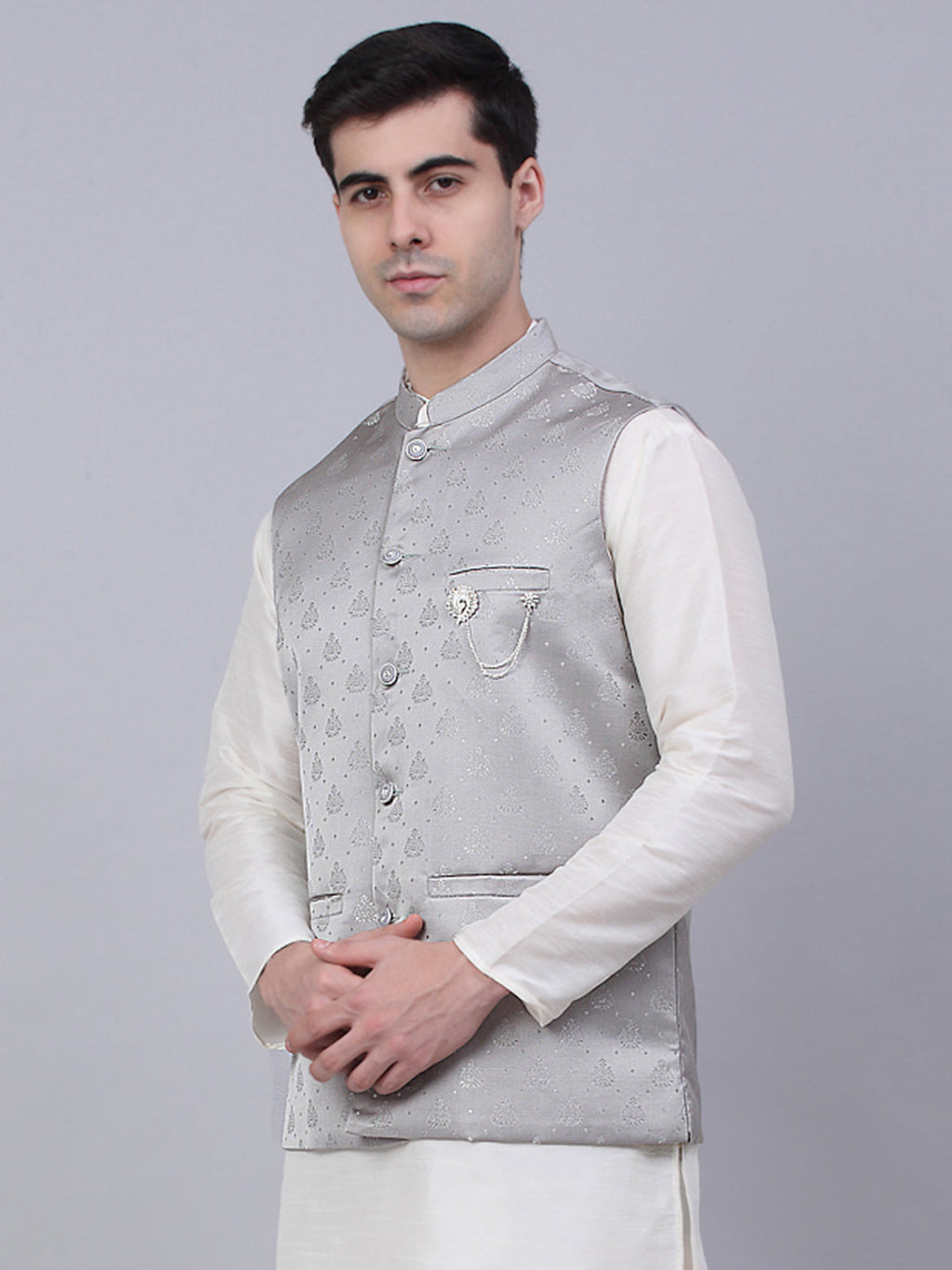 Jompers Men's Grey Woven Design Waistcoats