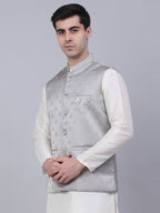 Jompers Men's Grey Woven Design Waistcoats