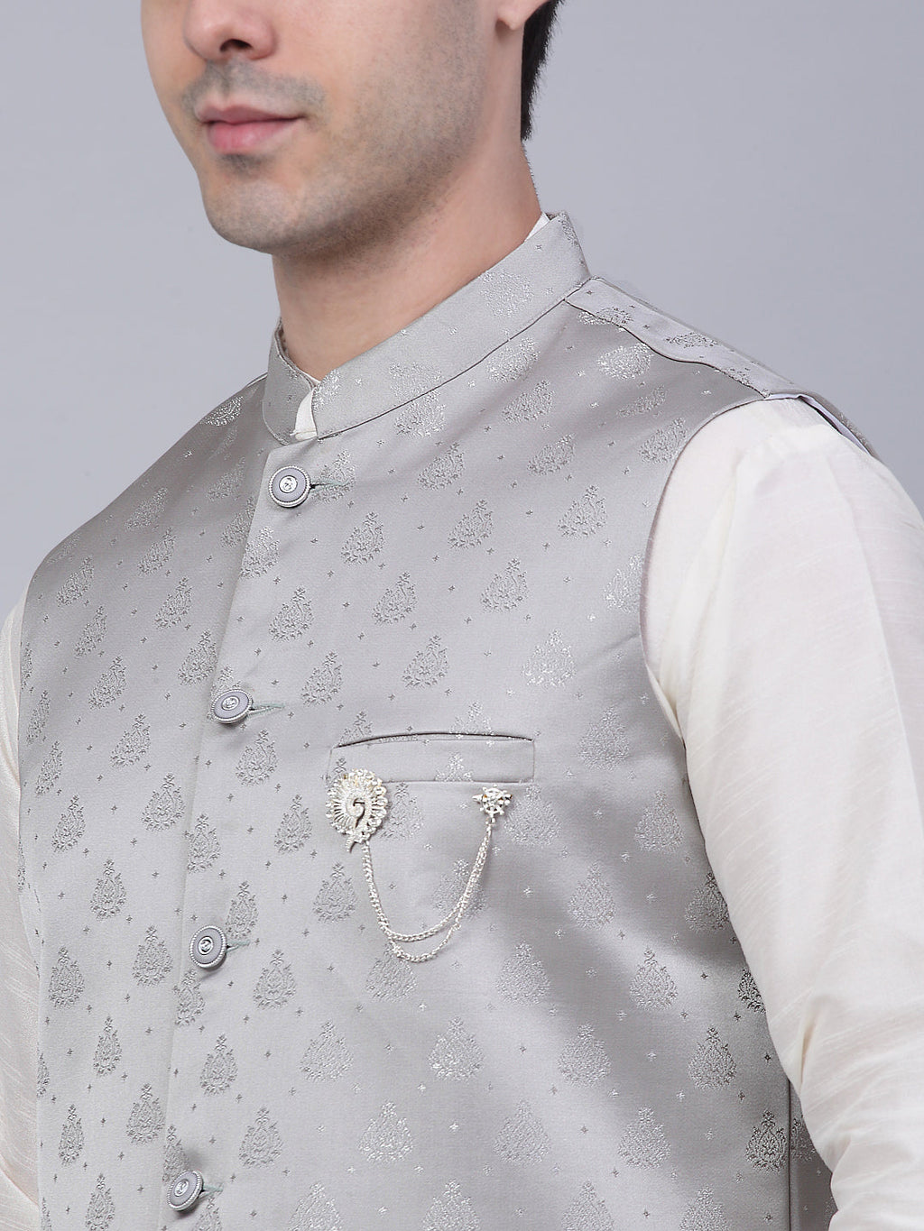 Jompers Men's Grey Woven Design Waistcoats