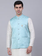 Jompers Men's Sky Blue Woven Design Waistcoats