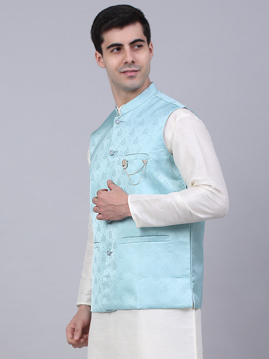 Jompers Men's Sky Blue Woven Design Waistcoats