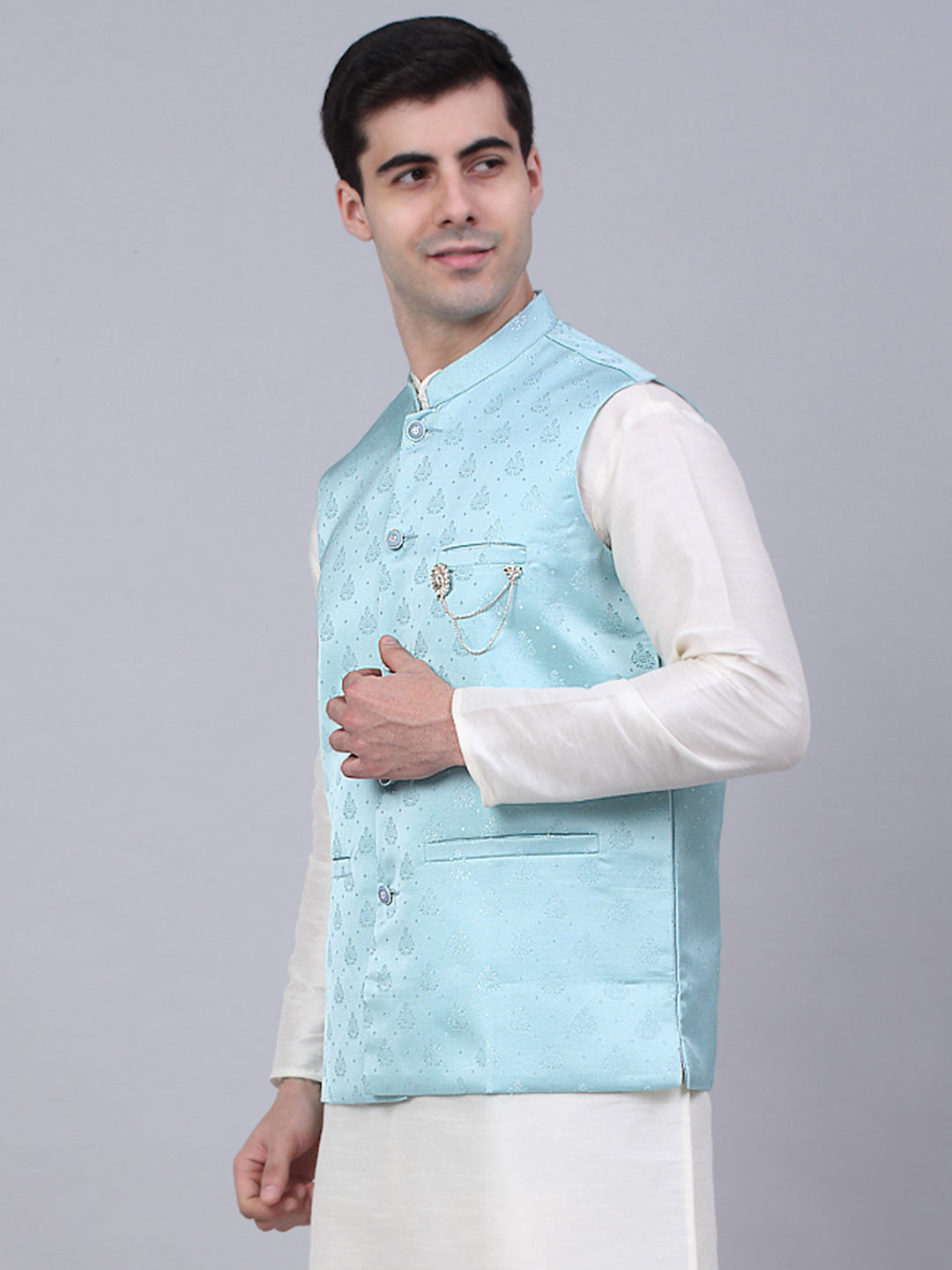Jompers Men's Sky Blue Woven Design Waistcoats