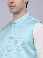 Jompers Men's Sky Blue Woven Design Waistcoats