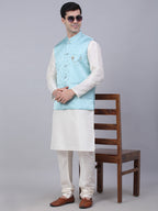 Jompers Men's Sky Blue Woven Design Waistcoats