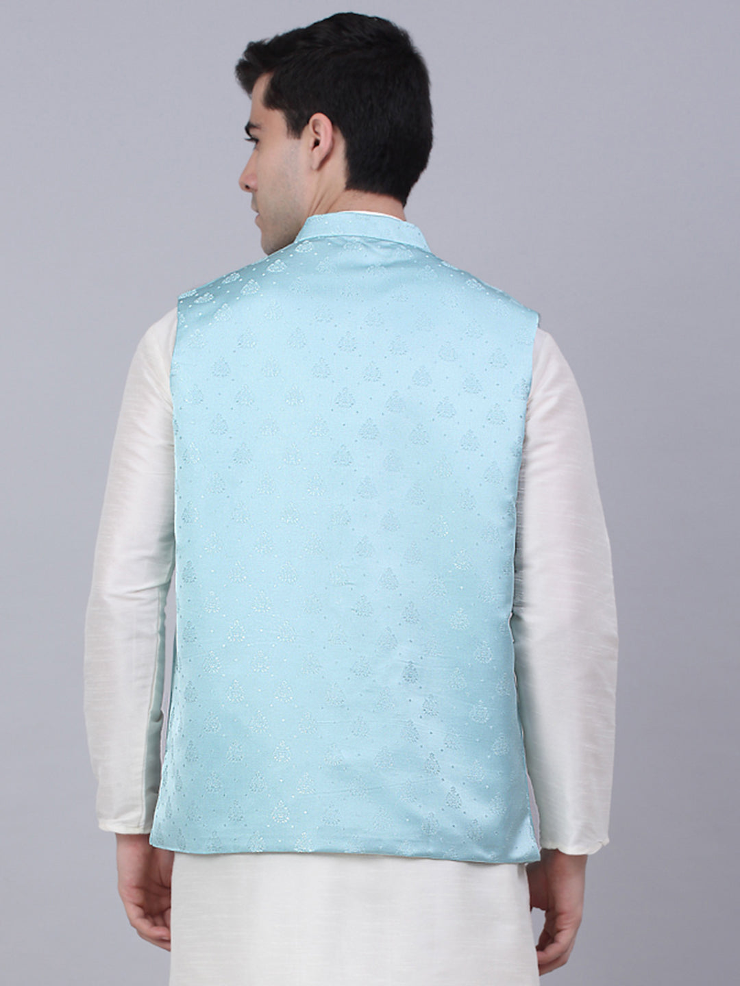 Jompers Men's Sky Blue Woven Design Waistcoats