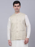 Jompers Men's Beige Woven Design Waistcoats