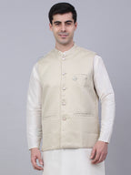 Jompers Men's Beige Woven Design Waistcoats