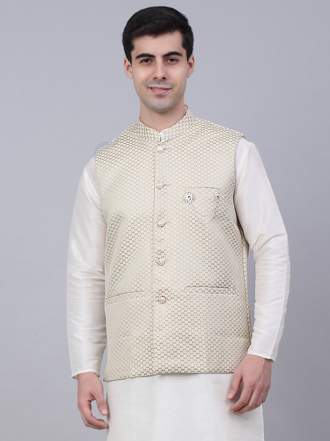 Jompers Men's Beige Woven Design Waistcoats