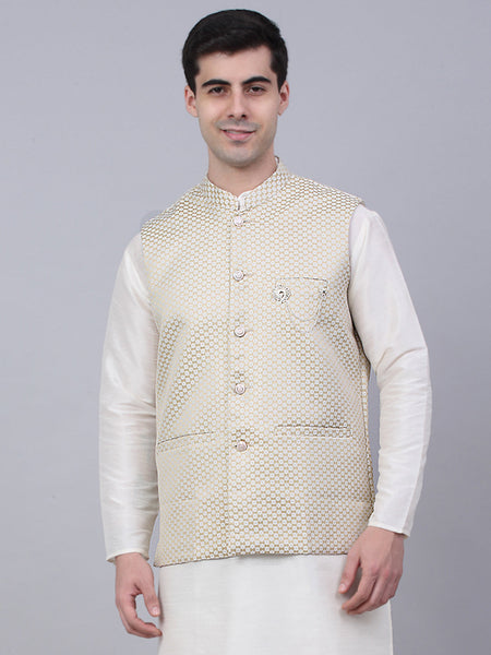 Jompers Men's Beige Woven Design Waistcoats