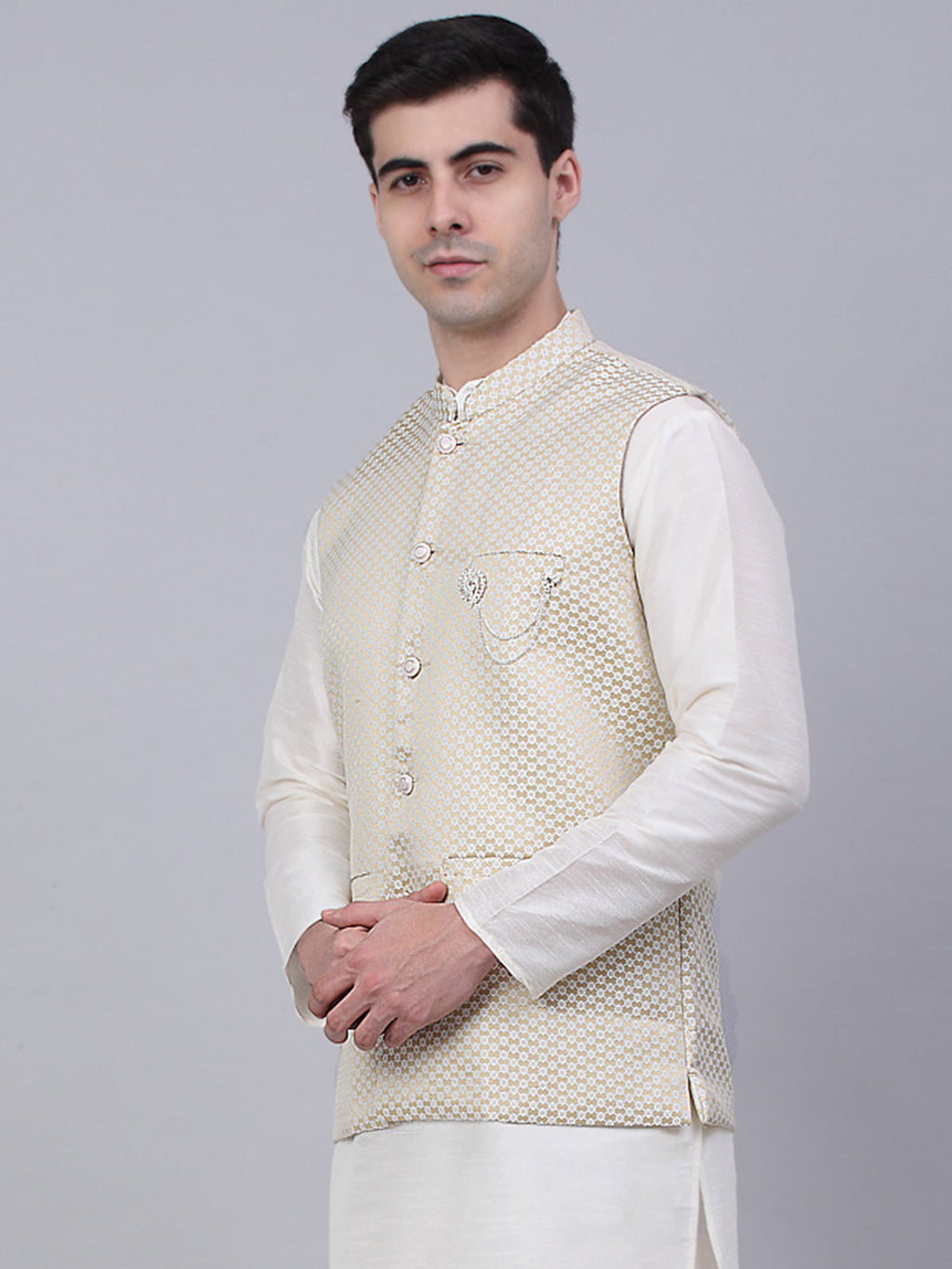 Jompers Men's Beige Woven Design Waistcoats
