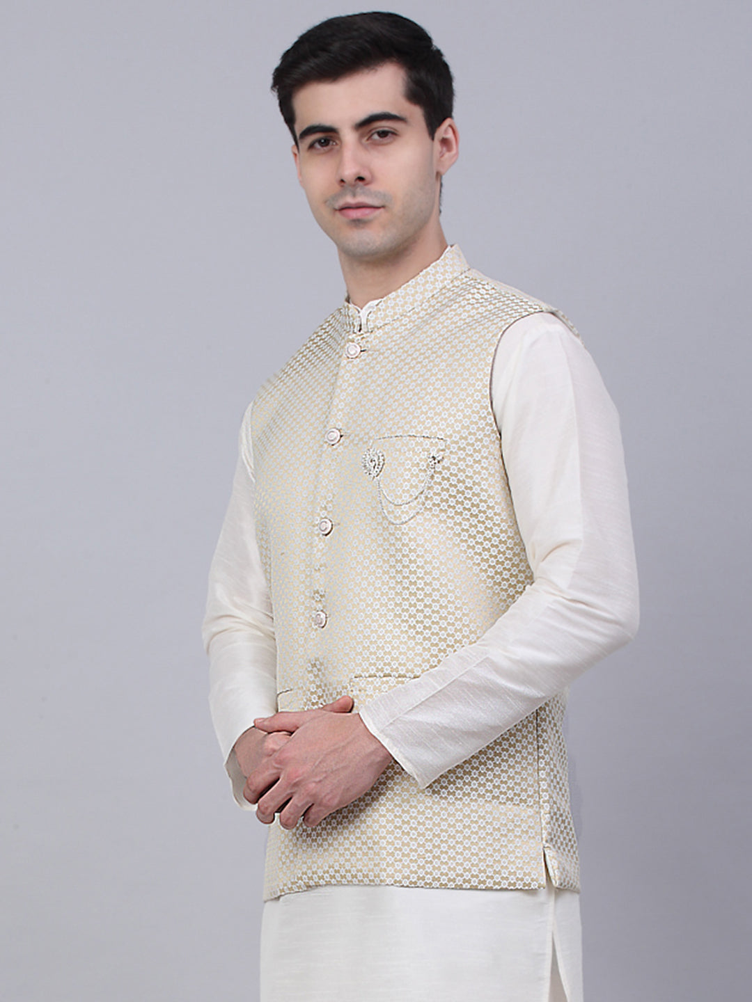 Jompers Men's Beige Woven Design Waistcoats