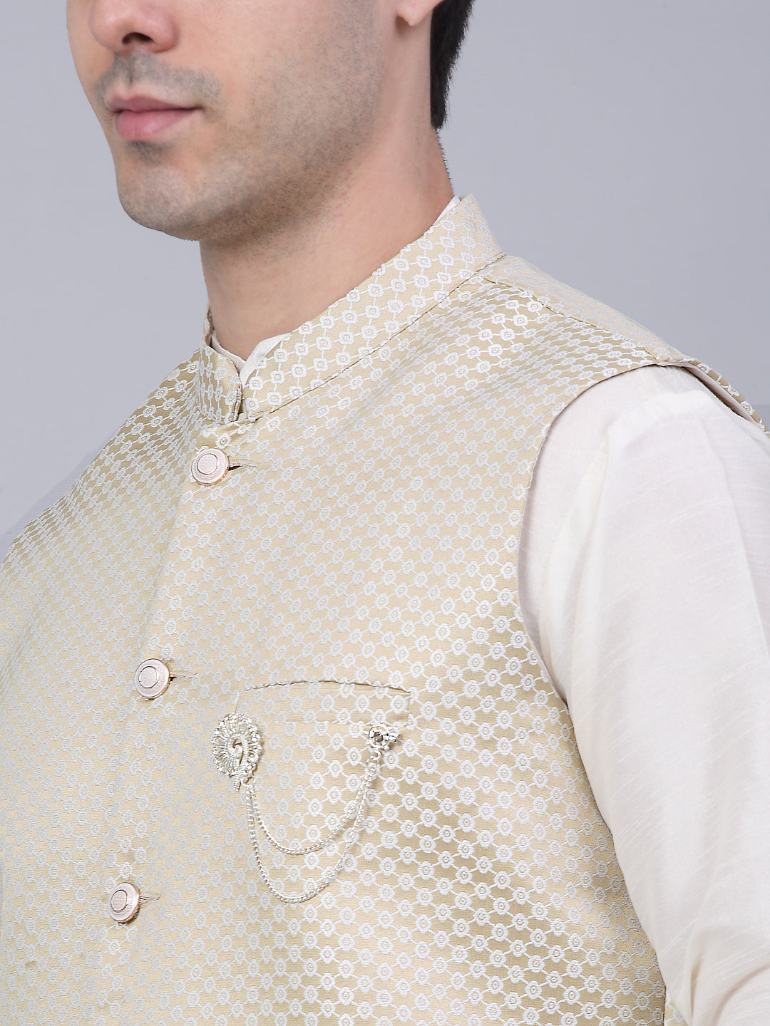 Jompers Men's Beige Woven Design Waistcoats