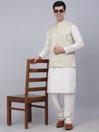 Jompers Men's Beige Woven Design Waistcoats