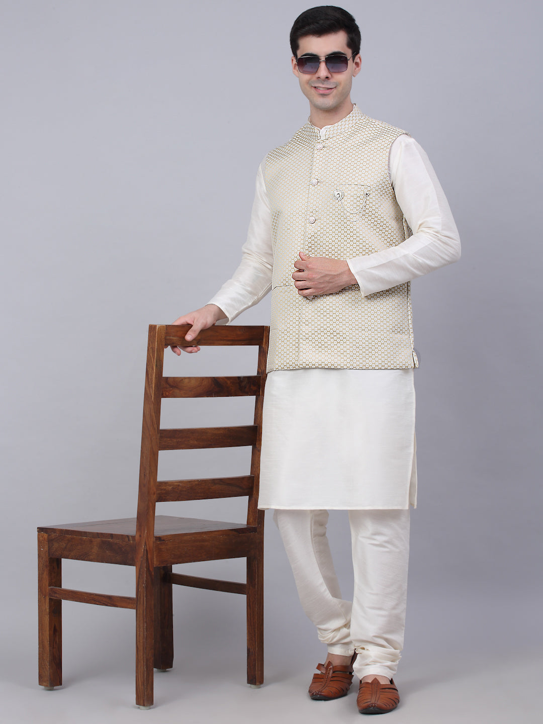 Jompers Men's Beige Woven Design Waistcoats