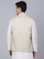 Jompers Men's Beige Woven Design Waistcoats