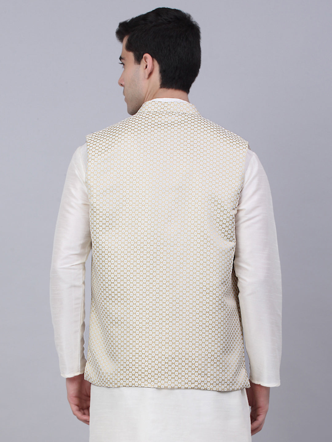 Jompers Men's Beige Woven Design Waistcoats