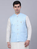 Jompers Men's Blue Woven Design Waistcoats