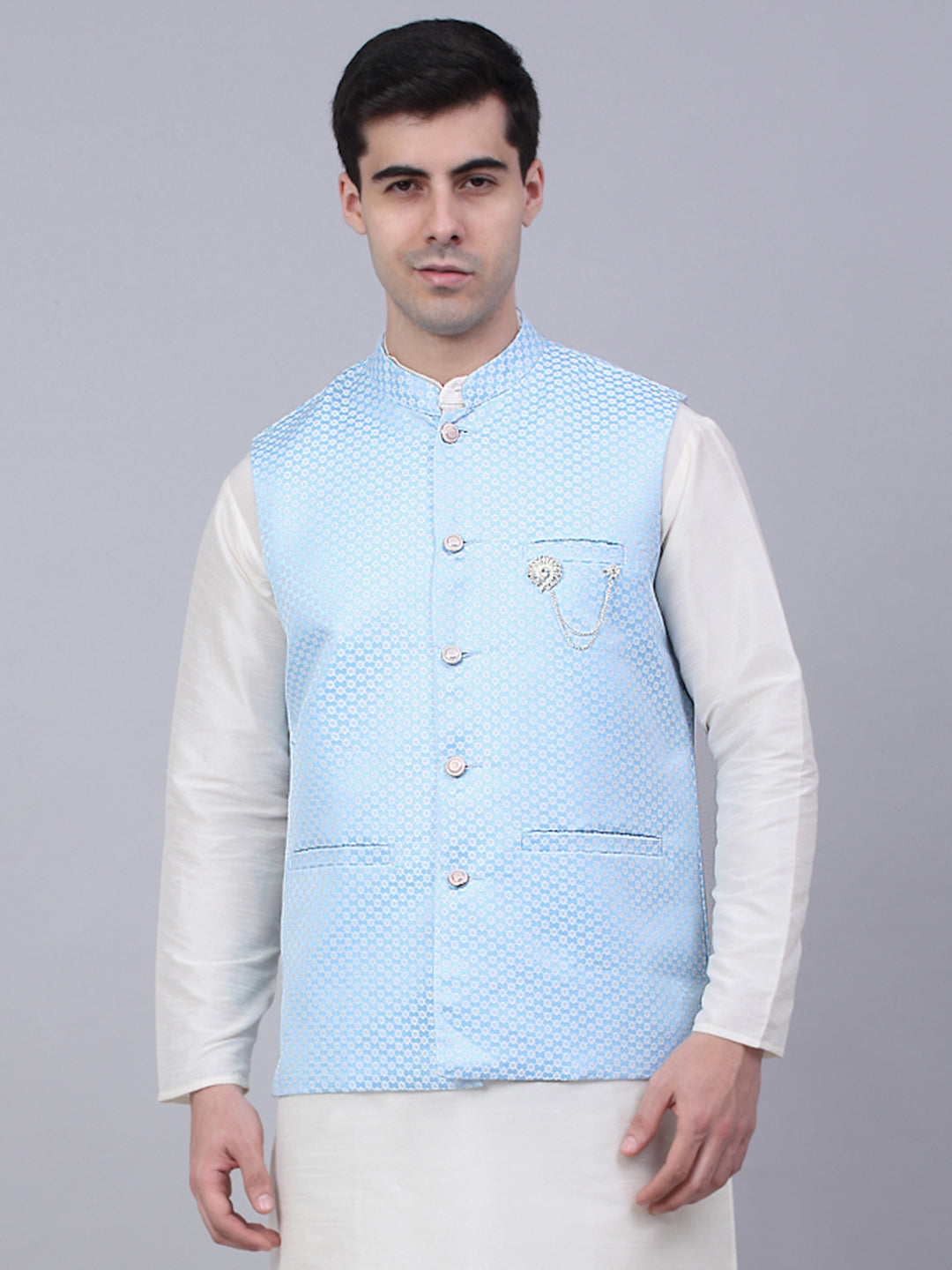 Jompers Men's Blue Woven Design Waistcoats