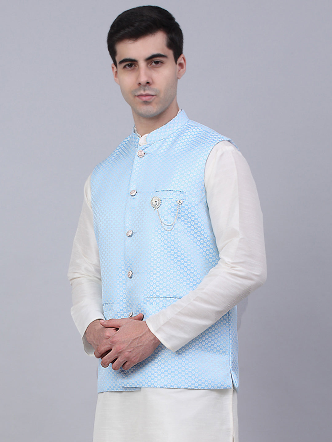 Jompers Men's Blue Woven Design Waistcoats