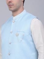 Jompers Men's Blue Woven Design Waistcoats