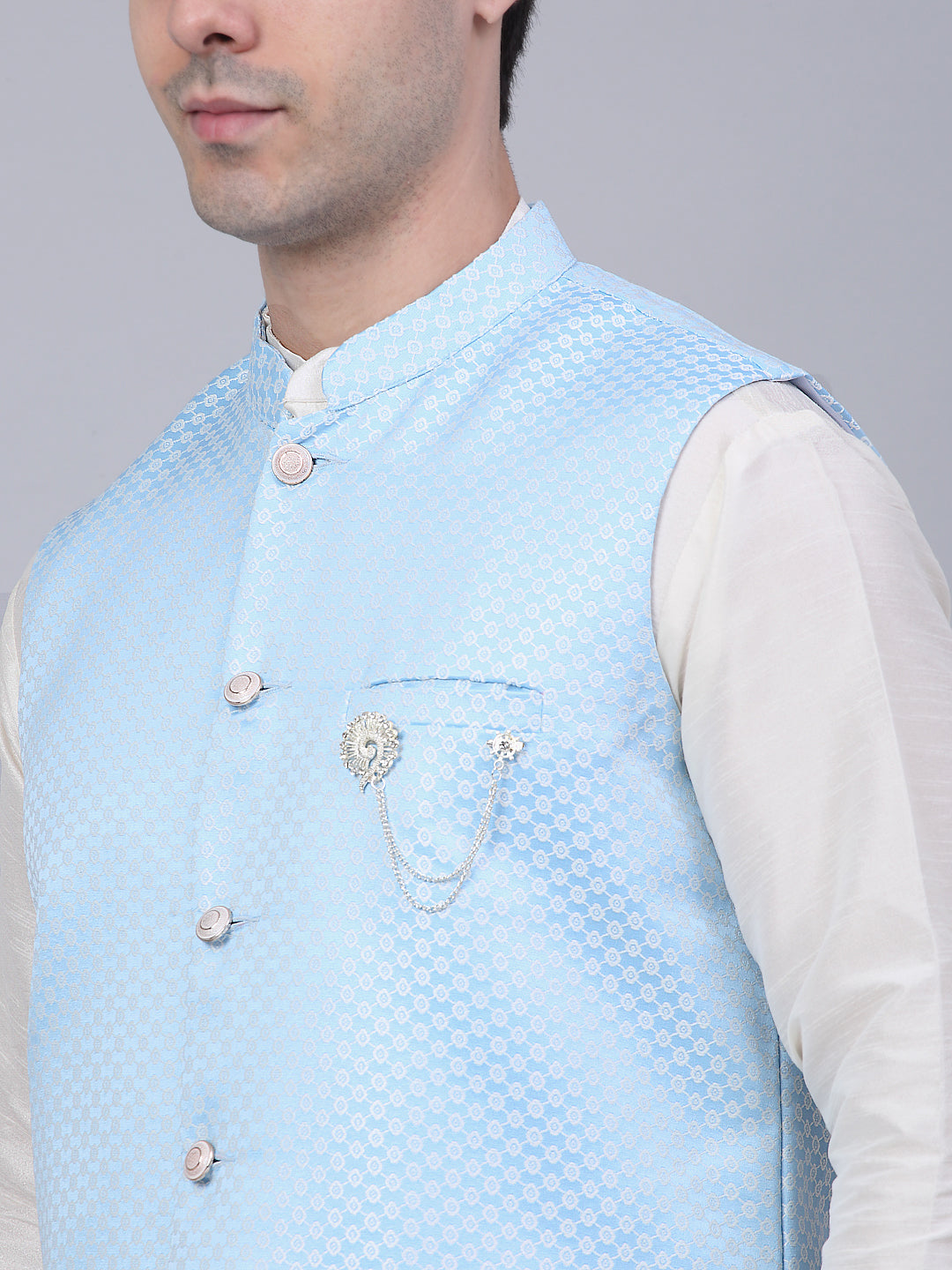 Jompers Men's Blue Woven Design Waistcoats