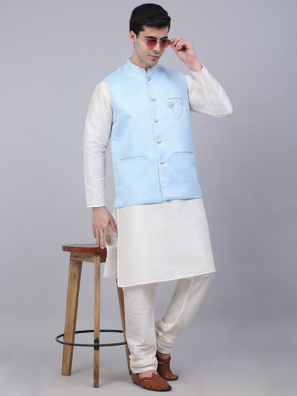 Jompers Men's Blue Woven Design Waistcoats