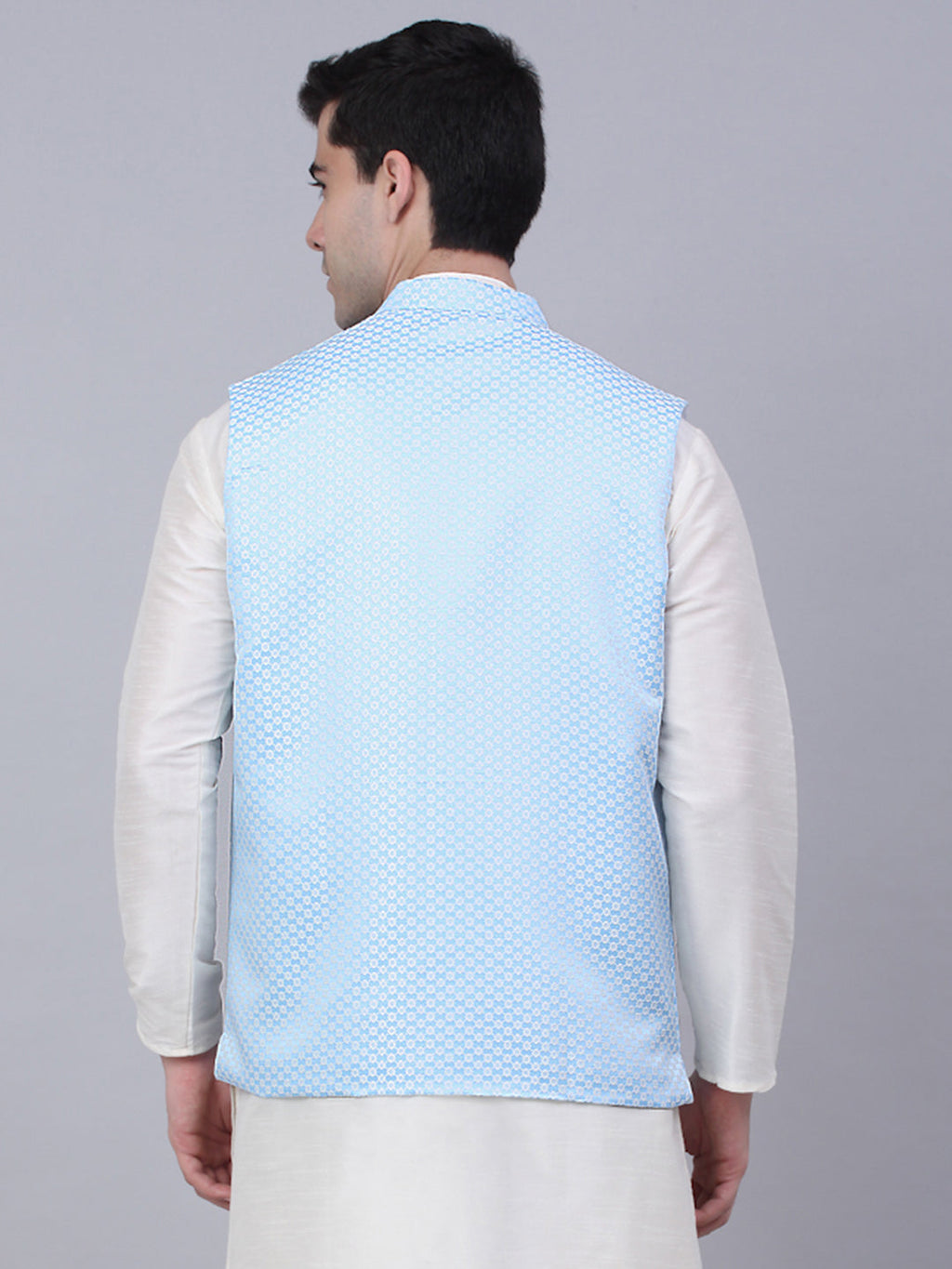 Jompers Men's Blue Woven Design Waistcoats