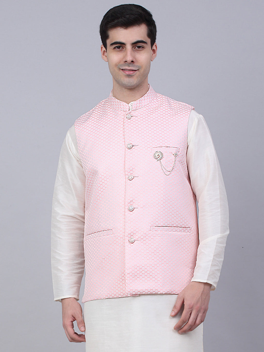Jompers Men's Pink Woven Design Waistcoats