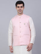 Jompers Men's Pink Woven Design Waistcoats