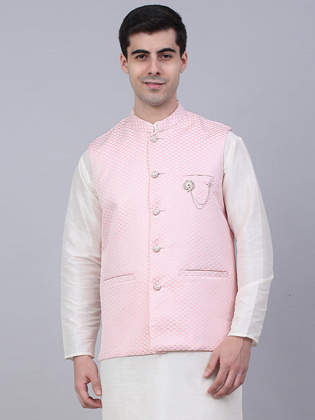 Jompers Men's Pink Woven Design Waistcoats