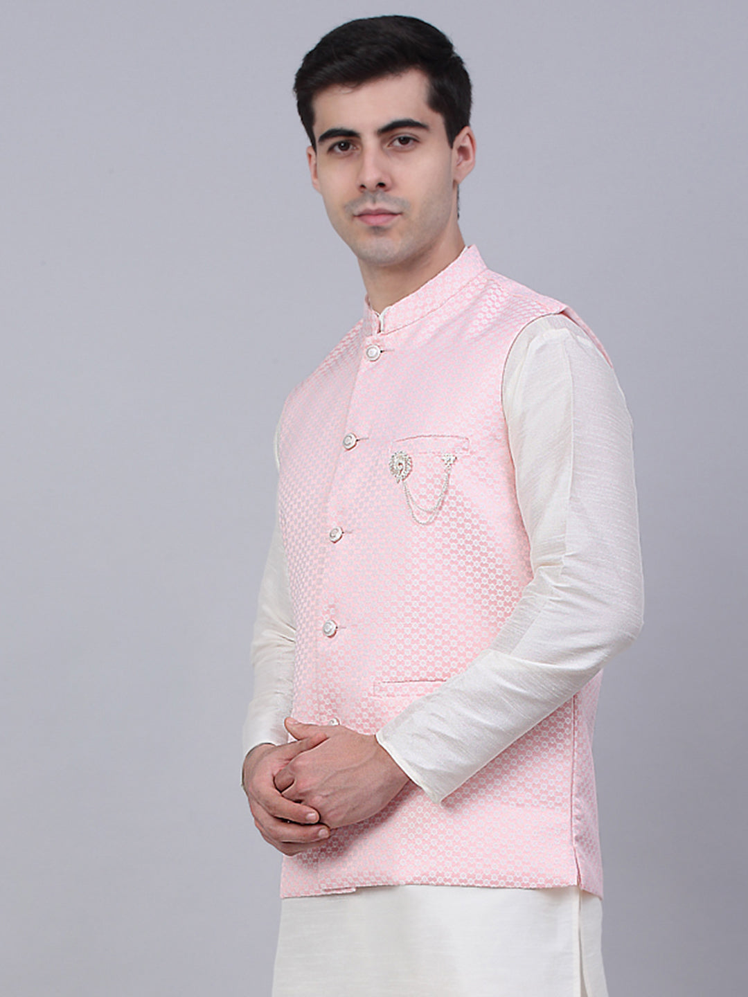 Jompers Men's Pink Woven Design Waistcoats