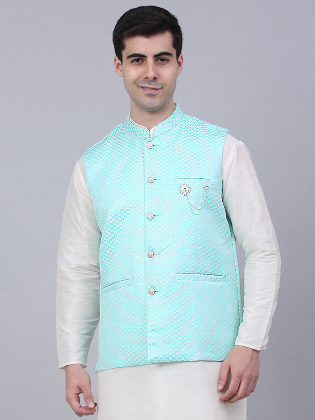 Jompers Men's Sky Blue Woven Design Waistcoats