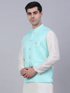 Jompers Men's Sky Blue Woven Design Waistcoats