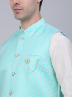 Jompers Men's Sky Blue Woven Design Waistcoats