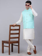 Jompers Men's Sky Blue Woven Design Waistcoats