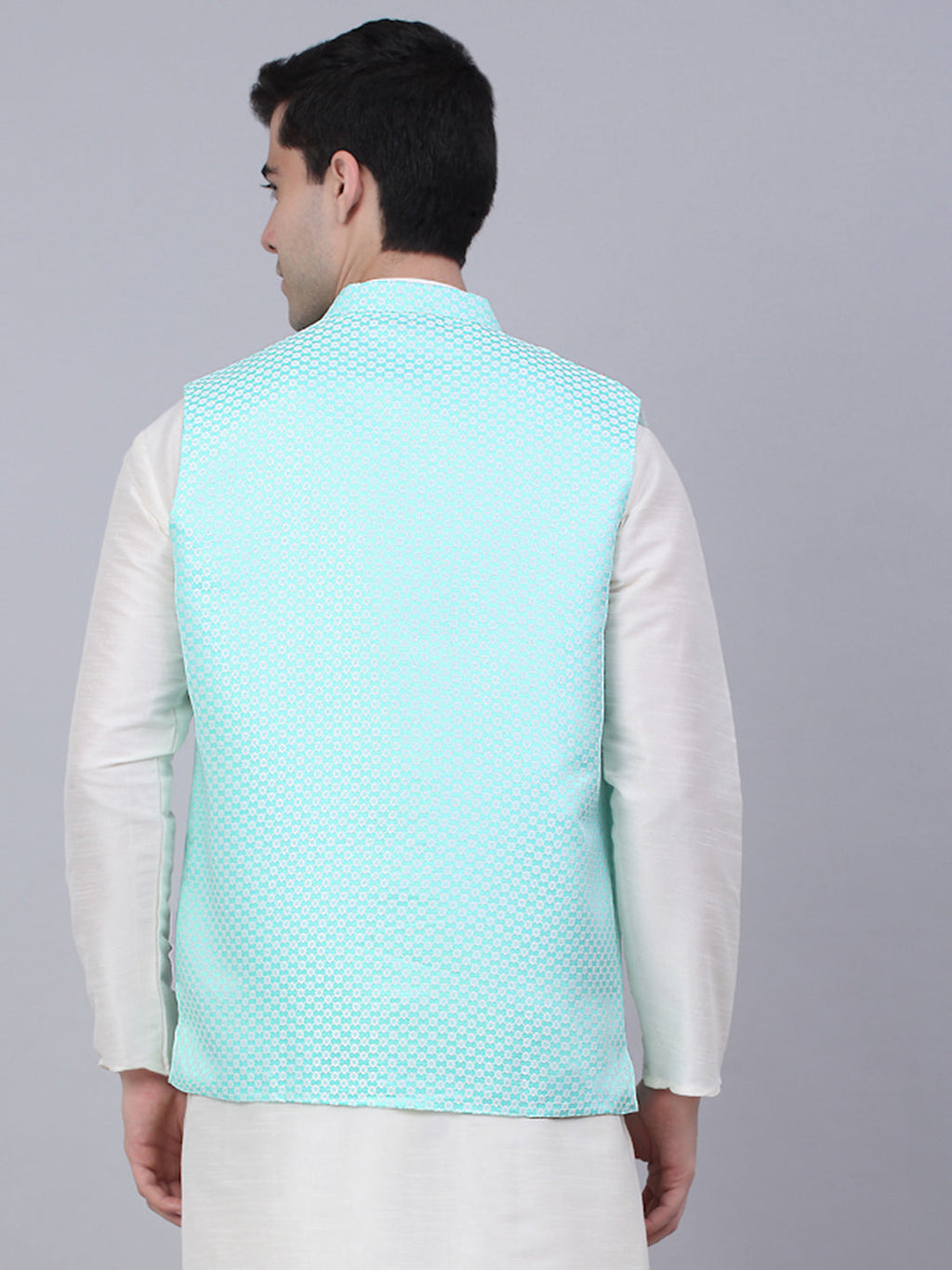Jompers Men's Sky Blue Woven Design Waistcoats
