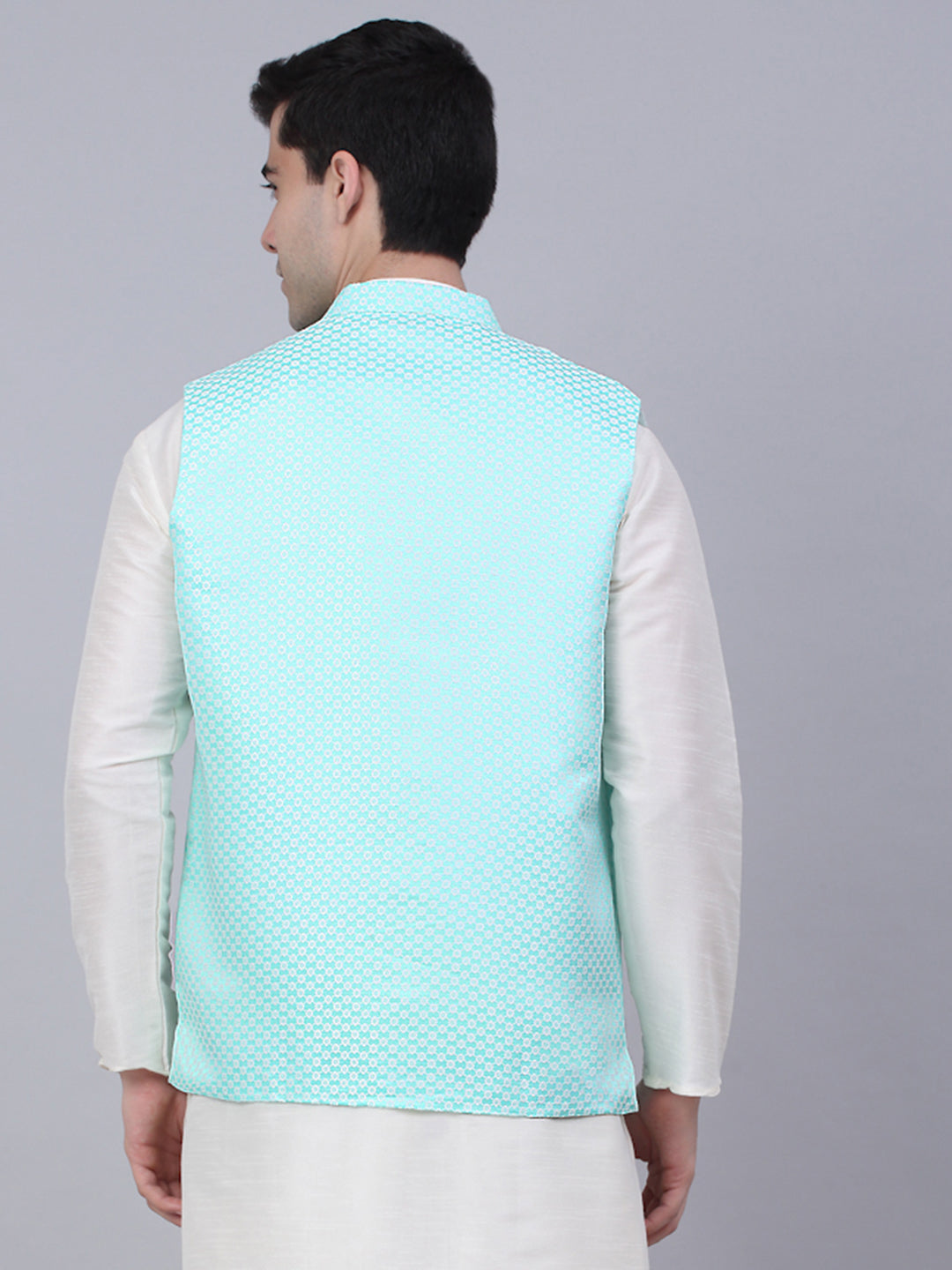 Jompers Men's Sky Blue Woven Design Waistcoats