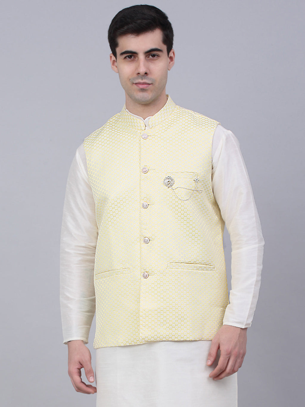 Jompers Men's Yellow Woven Design Waistcoats