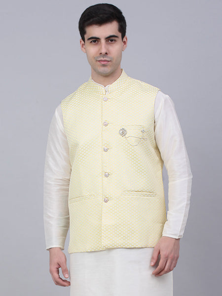 Jompers Men's Yellow Woven Design Waistcoats
