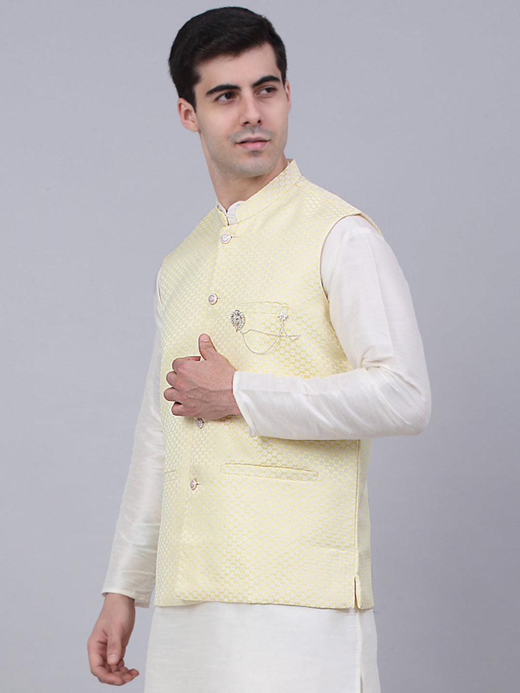 Jompers Men's Yellow Woven Design Waistcoats