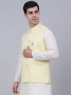 Jompers Men's Yellow Woven Design Waistcoats