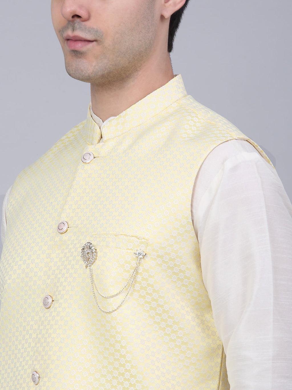 Jompers Men's Yellow Woven Design Waistcoats